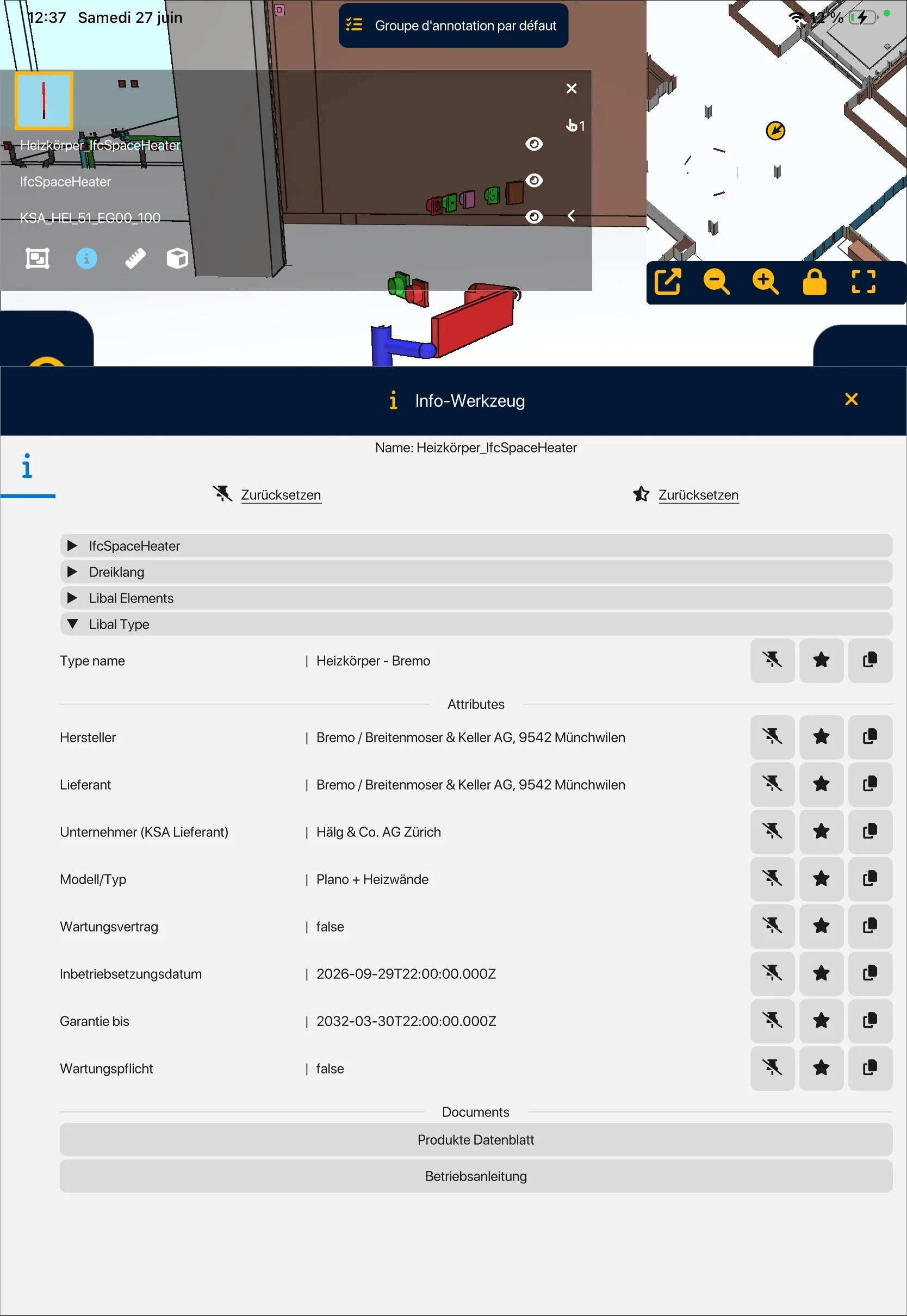 NEXT-BIM Info-Werkzeug zeigt LIBAL-Daten eines Heizkörpers: Hersteller, Garantie, Inbetriebsetzungsdatum sowie Produktdatenblatt und Betriebsanleitung